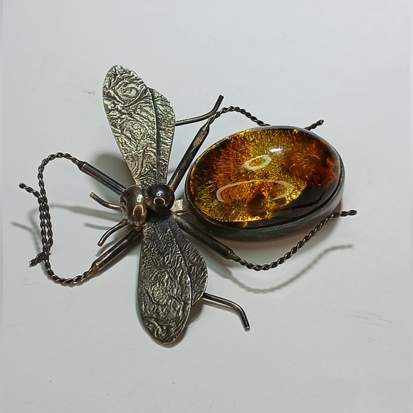 Vintage Amber Sterling Silver Bug Insect Brooch Pin - Picture 10 of 13